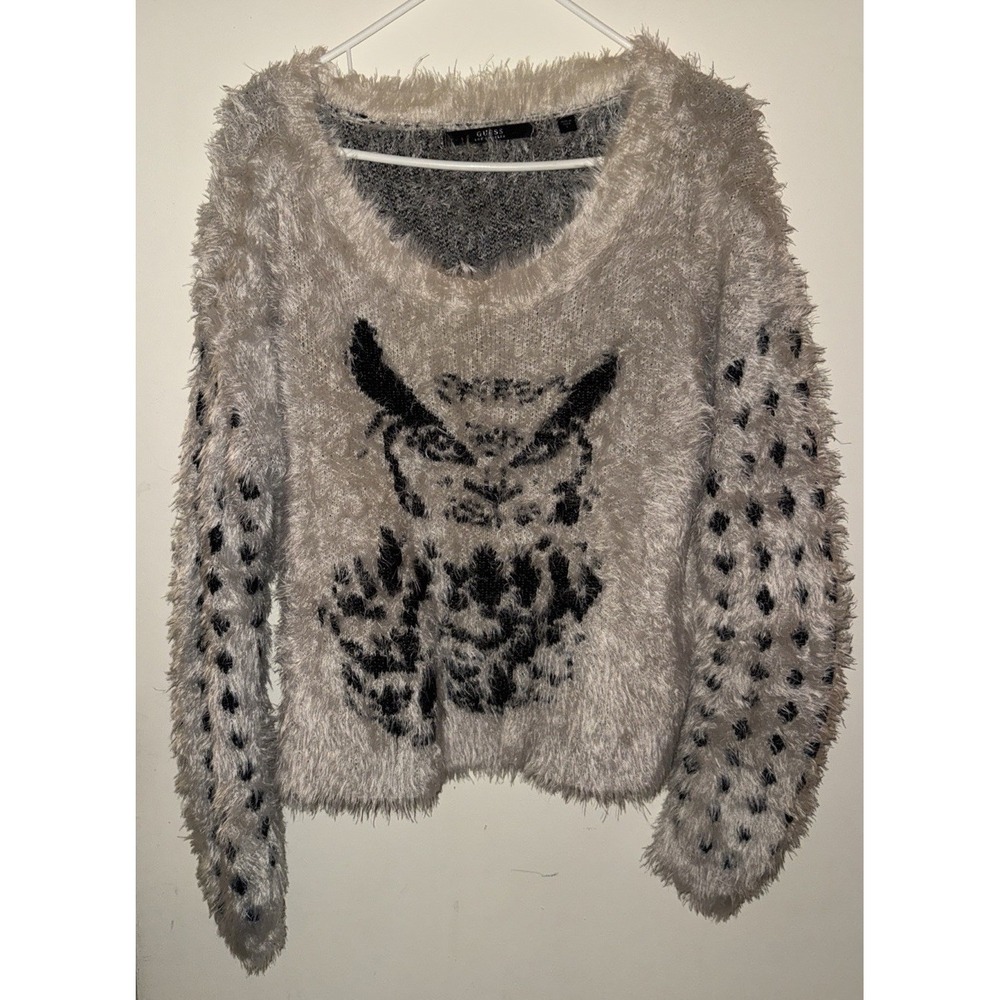 GUESS Los Angeles Womens Owl Print Fuzzy Pullover Sweater Sweater Large